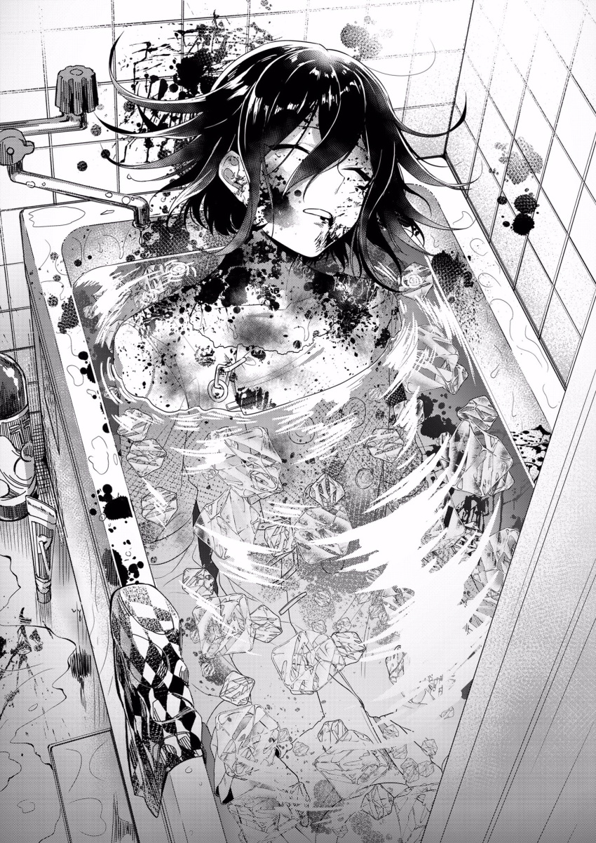 1boy bangs bath bathing bathroom blood checkered checkered_scarf closed_eyes collarbone commentary_request corpse curtains dangan_ronpa death greyscale highres ice ice_cube in_water indoors monochrome nanin new_dangan_ronpa_v3 ouma_kokichi scarf scarf_removed solo straitjacket tile_floor tile_wall tiles water