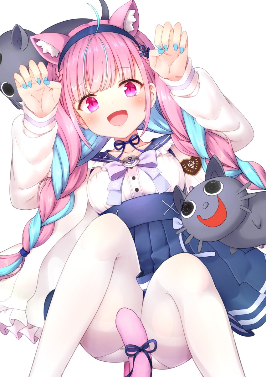 1girl :d ahoge animal_ears bangs blue_hair blue_hairband blue_nails blue_ribbon blue_sailor_collar blue_skirt braid breasts cat_ears cat_girl cat_tail claw_pose eyebrows_visible_through_hair faubynet feet_out_of_frame frilled_sailor_collar frills hairband hands_up highres hololive jacket knees_up long_hair looking_at_viewer lying medium_breasts minato_aqua multicolored_hair nail_polish neko_(minato_aqua) on_back open_clothes open_jacket open_mouth pantyhose pink_hair pleated_skirt purple_hair revision ribbon sailor_collar shirt simple_background skirt smile tail tail_ornament tail_ribbon thighband_pantyhose twin_braids twintails two-tone_hair very_long_hair virtual_youtuber white_background white_jacket white_legwear white_shirt