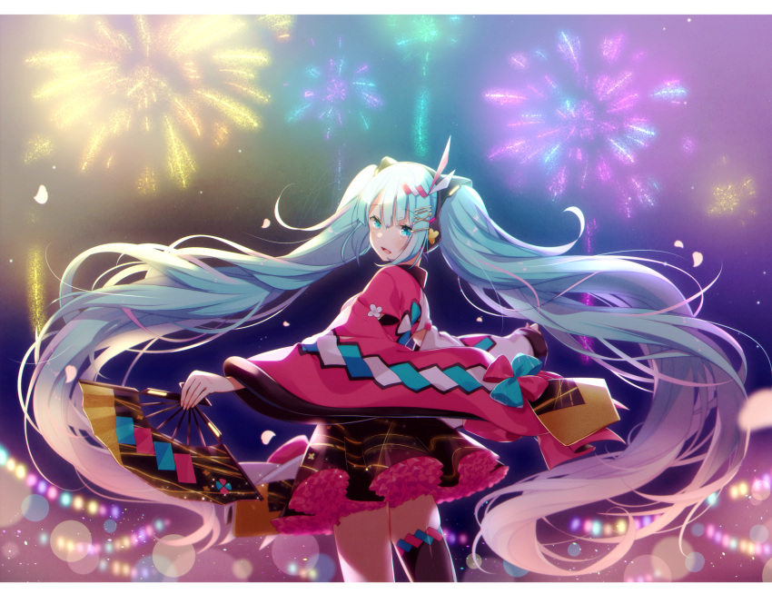 1girl aqua_eyes aqua_hair asagao_minoru bangs black_legwear black_skirt blunt_bangs blurry blurry_background bokeh commentary cowboy_shot depth_of_field fan fireworks folding_fan frilled_skirt frills from_behind hair_ornament hatsune_miku headphones highres holding holding_fan japanese_clothes kimono lantern long_hair looking_at_viewer looking_back magical_mirai_(vocaloid) miniskirt night open_mouth pink_sleeves pleated_skirt single_thighhigh skindentation skirt smile solo standing thigh-highs twintails very_long_hair vocaloid wide_sleeves