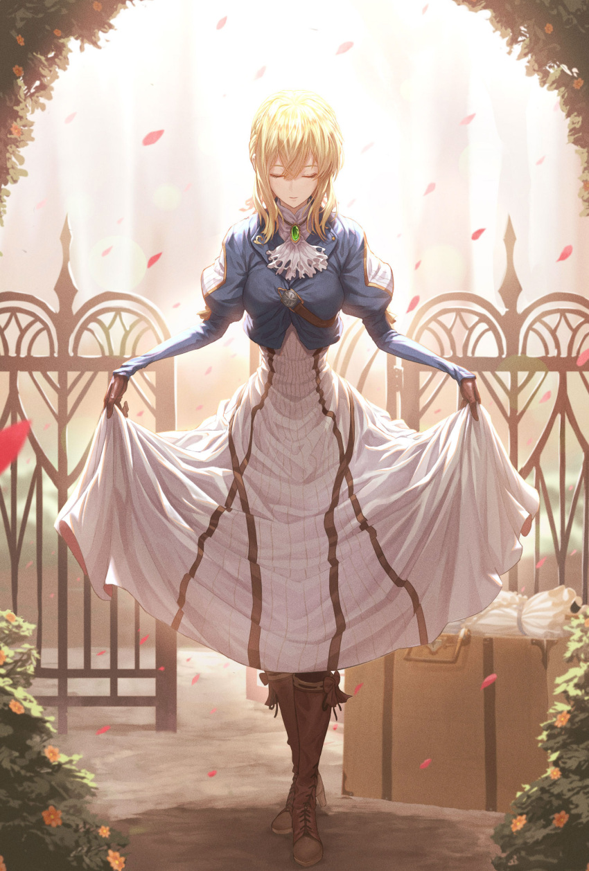 1girl bangs blonde_hair blue_jacket boots bowing braid closed_eyes closed_mouth cravat dress fence full_body gem hair_between_eyes hair_intakes hair_ribbon highres holding jacket leather leather_boots long_hair long_sleeves petals ribbon saikoro_(et1312) skirt skirt_hold solo violet_evergarden violet_evergarden_(character) white_neckwear white_skirt