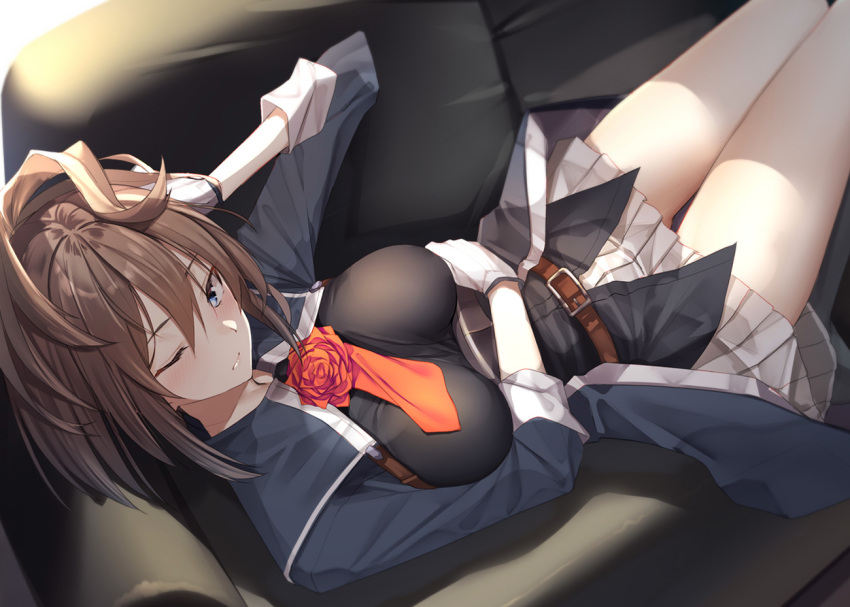 1girl ascot belt brown_belt brown_hair buttons couch flower gloves grey_eyes kantai_collection lying messy_hair military military_uniform on_back pallad ponytail red_flower red_neckwear red_rose rose sheffield_(kantai_collection) skirt thighs uniform white_gloves white_skirt