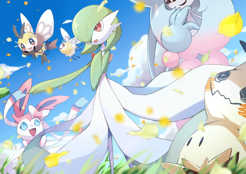absurdres blue_eyes clouds commentary cutiefly day fang flying from_below gardevoir gen_3_pokemon gen_6_pokemon gen_7_pokemon gen_8_pokemon grass hatterene highres kisa_(kisa-kisa5900) leaves_in_wind mimikyu open_mouth outdoors pokemon pokemon_(creature) red_eyes ribombee sky smile standing sylveon tongue