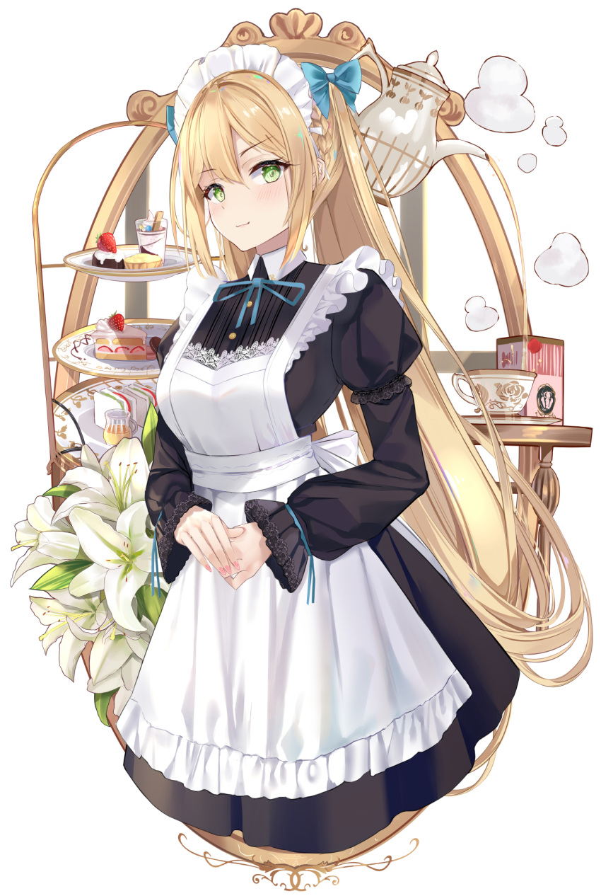 1girl apron bangs black_dress blue_bow border bow cake commentary_request cup dress eyebrows_visible_through_hair flower food green_eyes hair_between_eyes hair_bow hands_clasped highres long_hair long_sleeves maid maid_headdress muka_tsuku original own_hands_together pastry plate puffy_sleeves revision sidelocks simple_background smile solo steam teacup teapot twintails very_long_hair white_background white_flower