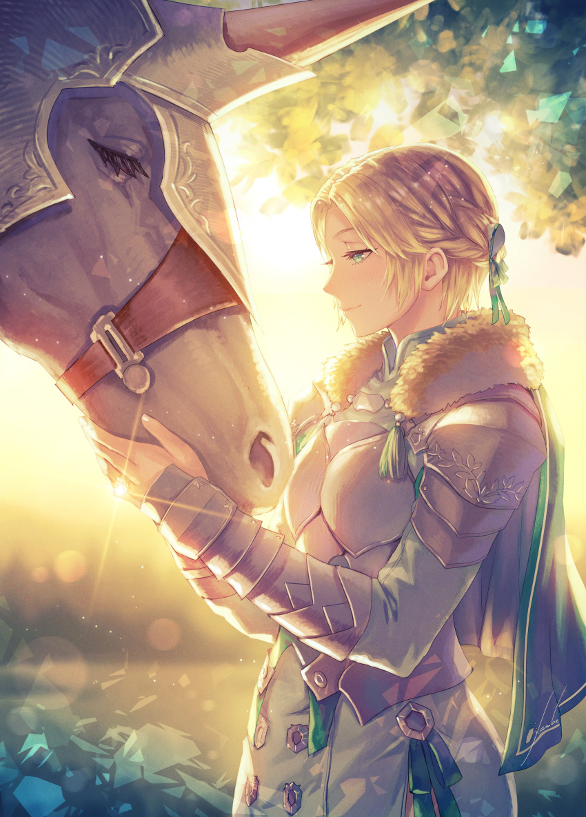 1girl absurdres anbe_yoshirou armor blonde_hair braid capelet dress fire_emblem fire_emblem:_three_houses fur-trimmed_capelet fur_trim green_dress green_eyes highres horse ingrid_brandl_galatea jewelry lens_flare profile ring short_hair smile