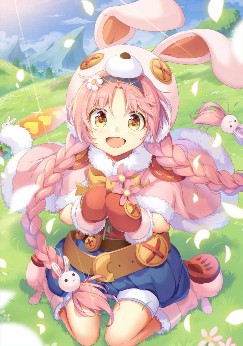 1girl :d animal_hat bangs belt blue_shorts blush braid brown_eyes bunny_hair_ornament bunny_hat cape clouds cloudy_sky commentary_request earmuffs eyebrows_visible_through_hair flower forest full_body fur_trim gloves grass grasslands hair_flower hair_ornament hairband hat highres holding holding_flower kneeling looking_at_viewer mimi_(princess_connect!) mountainous_horizon nature open_mouth orange_gloves outdoors parted_bangs petals pink_cape pink_footwear pink_hair princess_connect! princess_connect!_re:dive red_shirt shirt shoe_soles shorts sky smile solo takase_kou twin_braids