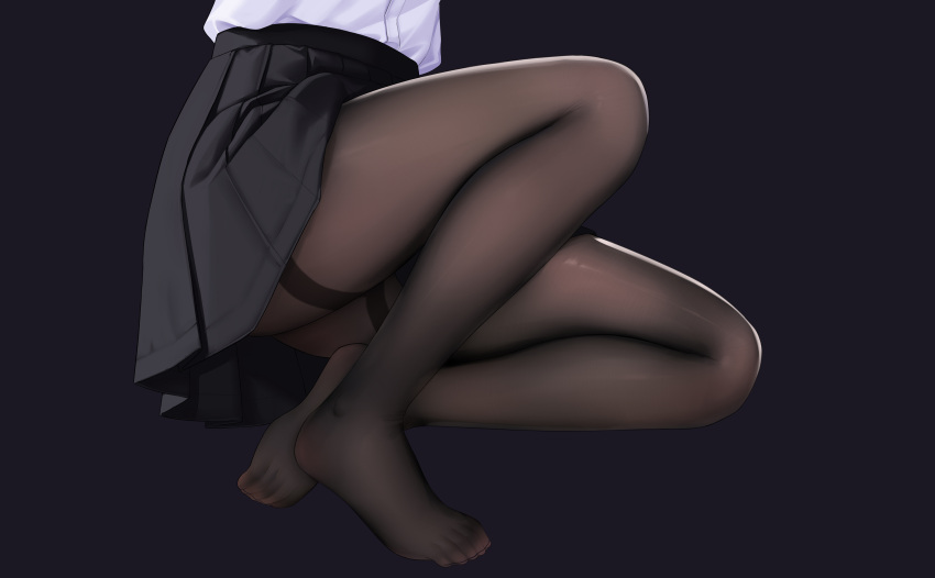 1girl absurdres allenes black_skirt brown_legwear feet highres legs lower_body no_shoes original out_of_frame pantyhose pleated_skirt purple_background shirt skirt solo thighband_pantyhose thighs white_shirt