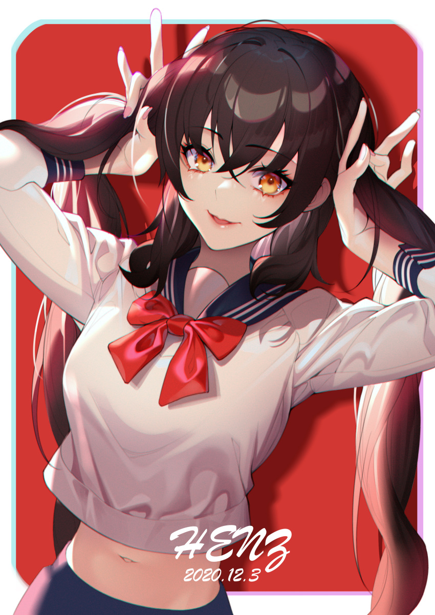 1girl absurdres artist_name dated eyebrows_visible_through_hair girls_frontline hair_between_eyes henz highres holding holding_hair long_hair looking_at_viewer midriff qbz-97_(girls_frontline) sailor_collar sailor_shirt shirt simple_background smile solo twintails very_long_hair yellow_eyes