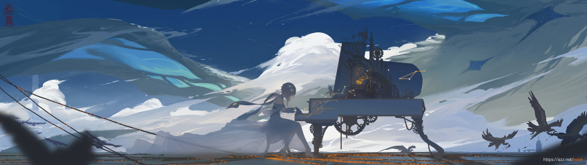 2girls absurdres bare_shoulders bird blonde_hair building cable closed_eyes clouds cloudy_sky commentary_request constellation dress flower gears genshin_impact grand_piano hair_flower hair_ornament halo highres horizon instrument long_dress long_image long_scarf looking_at_another lumine_(genshin_impact) multiple_girls music outdoors paimon_(genshin_impact) piano piano_bench playing_instrument playing_piano profile ruins scarf seagull sheer_clothes short_hair short_hair_with_long_locks sky skyscraper tagme thigh-highs torch tower twilight void_0 white_dress white_legwear white_scarf wide_image