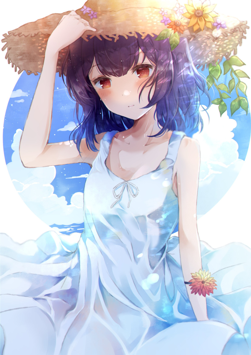 1girl absurdres adjusting_clothes adjusting_headwear alternate_hairstyle bangs bare_arms blue_hair blue_sky blush bracelet breasts clouds dress expressionless flower flower_bracelet gradient_hair hair_down hat hat_flower highres idolmaster idolmaster_shiny_colors jewelry looking_at_viewer morino_rinze multicolored_hair namamake red_eyes short_hair sky small_breasts solo sun_hat upper_body white_dress
