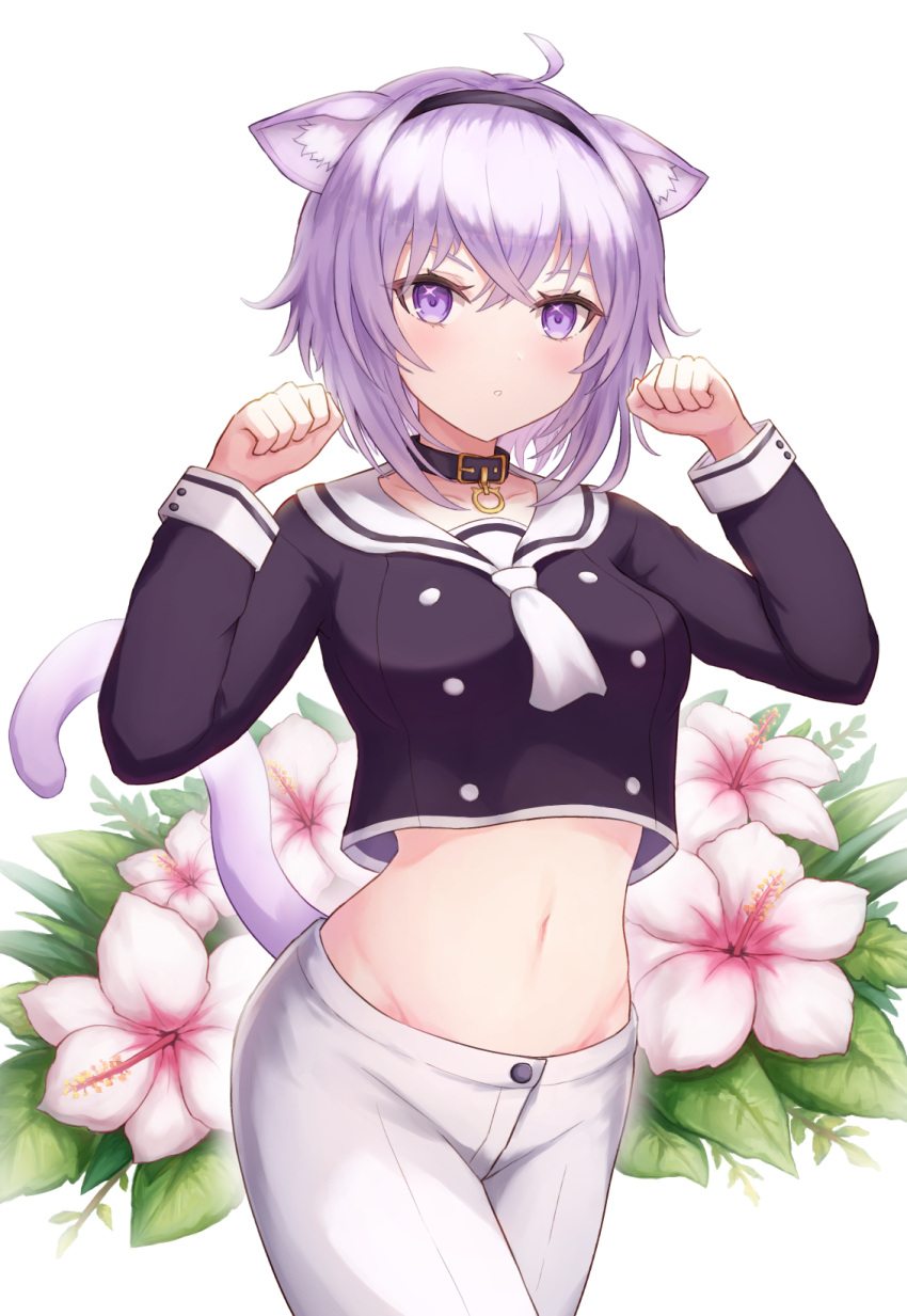 1girl ahoge animal_ear_fluff animal_ears bangs black_collar black_hairband black_serafuku blush breasts buttons cat_ears cat_tail collar collarbone commentary_request cowboy_shot crop_top double-breasted eyebrows_behind_hair flower flower_request groin hair_between_eyes hairband highres hololive long_sleeves looking_at_viewer medium_breasts midriff navel neckerchief nekomata_okayu oridays parted_lips paw_pose purple_hair sailor_collar school_uniform serafuku short_hair shorts sidelocks solo standing tail violet_eyes virtual_youtuber white_background white_neckwear white_sailor_collar white_shorts