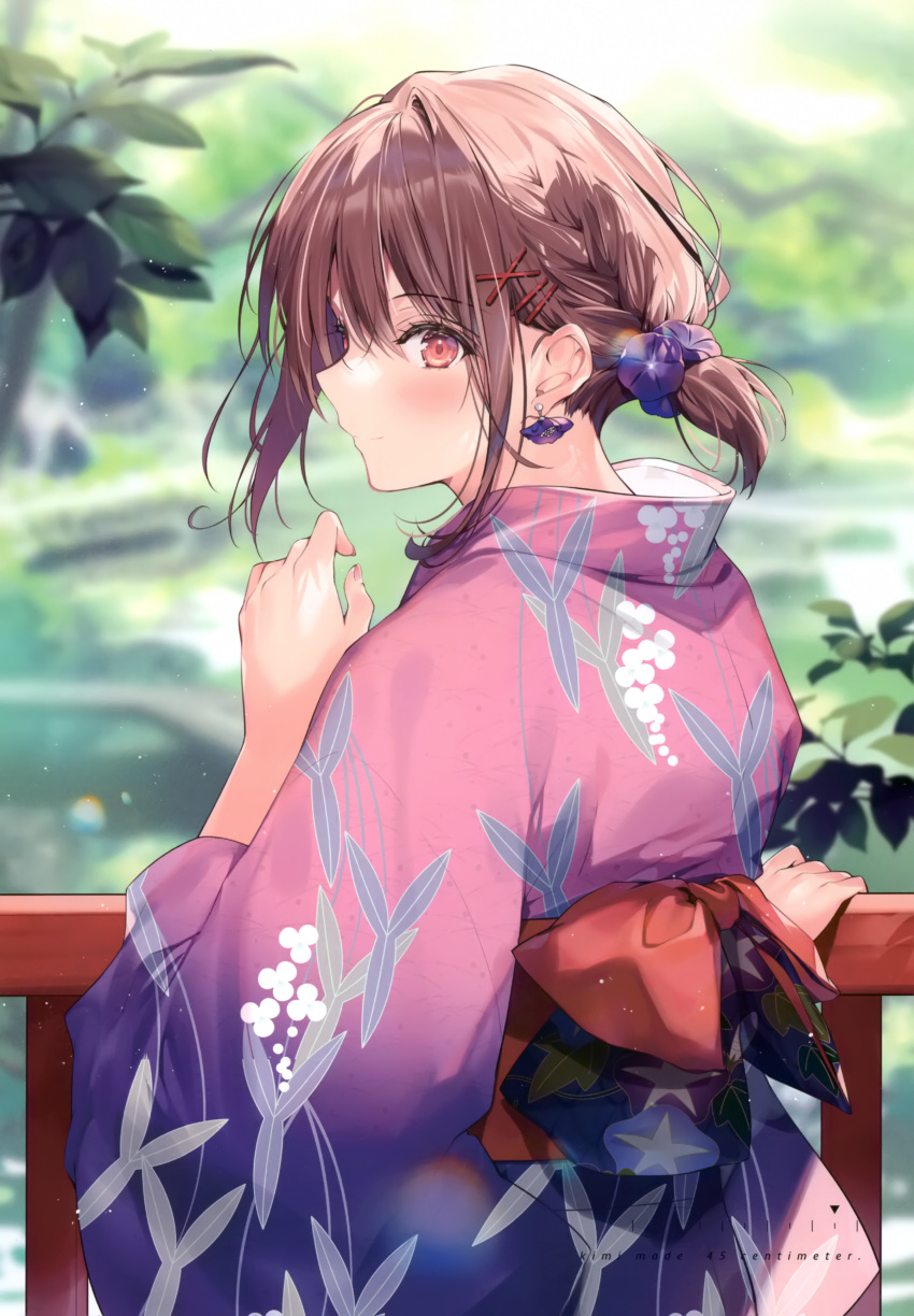 1girl absurdres blurry blurry_background blush brown_eyes brown_hair closed_mouth day earrings eyebrows_visible_through_hair fingernails hair_ornament highres jacket japanese_clothes jewelry kimono looking_at_viewer looking_back necomi obi original outdoors sash scan sidelocks smile solo tied_hair