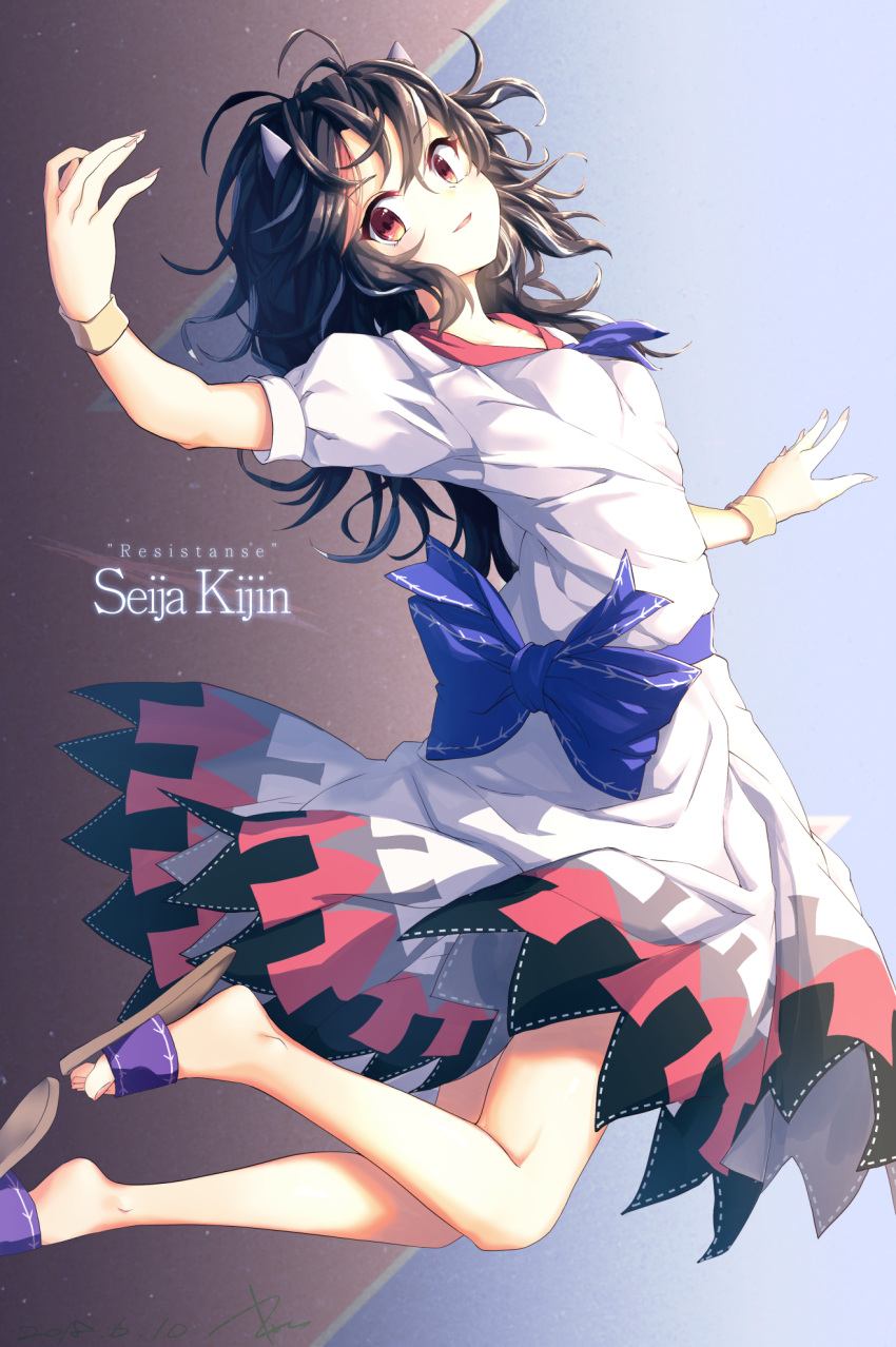 1girl arm_up arrow_print back_bow bangs black_hair blue_bow blush bow breasts character_name commentary_request dress dress_bow fingernails floating floating_hair full_body gold_bracelet gradient gradient_background highres horns kijin_seija kisamu_(ksmz) kneepits light_smile looking_at_viewer medium_hair messy_hair multicolored_hair puffy_short_sleeves puffy_sleeves red_eyes red_neckwear red_ribbon redhead ribbon short_sleeves small_breasts solo streaked_hair thighs toenails touhou white_dress white_hair