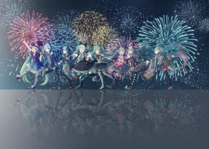 6+girls aqua_eyes aqua_hair aqua_neckwear bare_shoulders black_gloves black_legwear black_skirt black_sleeves blue_dress boots bow bowtie closed_eyes detached_sleeves dress fireworks gloves grey_shirt hair_ornament hat hatsune_miku headphones highres holding holding_hands holding_wand hoop_skirt japanese_clothes knee_boots long_hair looking_at_viewer magical_mirai_(vocaloid) makuhari-chan mini_hat mini_top_hat miniskirt multiple_girls multiple_persona necktie neon_trim night reflection shirt shoulder_tattoo skirt sleeveless sleeveless_shirt smile tattoo thigh-highs top_hat toritoeto twintails very_long_hair vocaloid walking wand white_gloves white_sleeves wide_sleeves zettai_ryouiki