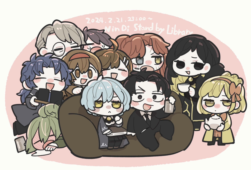 5boys 6+girls angela_(project_moon) beer_can binah_(project_moon) black_coat black_eyes black_hair black_suit blonde_hair blue_coat blue_hair book bow brown_hair can chesed_(project_moon) chibi closed_eyes coat couch cup drink_can drinking gebura_(project_moon) green_eyes green_hair hair_bow hair_ornament hairband hairclip highres hod_(project_moon) hokma_(project_moon) holding holding_book holding_cup kojocho05 library_of_ruina malkuth_(project_moon) monocle multiple_boys multiple_girls netzach_(project_moon) open_mouth pink_background project_moon purple_hair red_hairband redhead roland_(project_moon) suit tiphereth_a_(project_moon) white_hair yellow_coat yellow_eyes yesod_(project_moon)