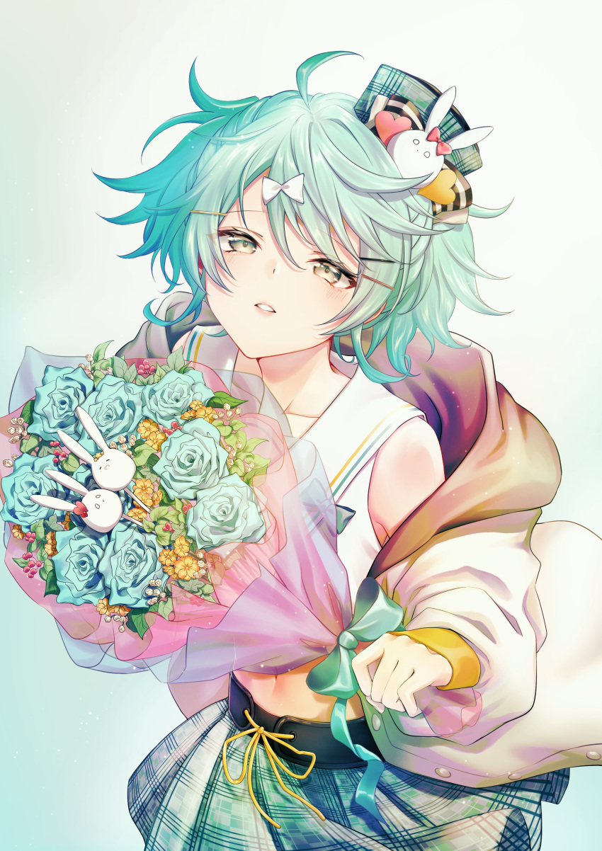 1boy absurdres ahoge belt blush bouquet bow commentary_request crop_top flower green_bow green_eyes green_hair green_skirt hair_ornament hairclip hanaco_(hanaco_1230) hat hat_pin highres holding holding_bouquet holostars jacket kagami_kira looking_at_viewer male_focus messy_hair midriff navel otoko_no_ko parted_lips ribbon simple_background skirt solo virtual_youtuber yellow_ribbon