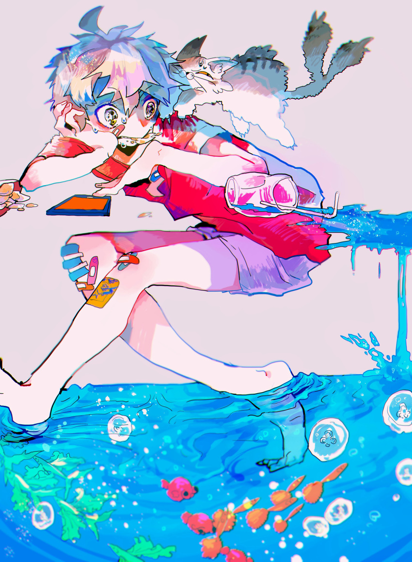1boy absurdres bandaid bandaid_on_face bandaid_on_hand barefoot bubble cat cup drinking_straw eyebrows_visible_through_hair fish highres invisible_chair original phone red_shirt shirt short_hair shorts sitting solo spill suikaaisu water white_hair white_shorts