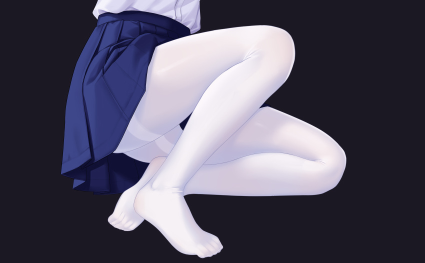 1girl absurdres allenes blue_skirt feet highres legs lower_body no_shoes original out_of_frame pantyhose pleated_skirt purple_background shirt skirt solo thighband_pantyhose thighs white_legwear white_shirt
