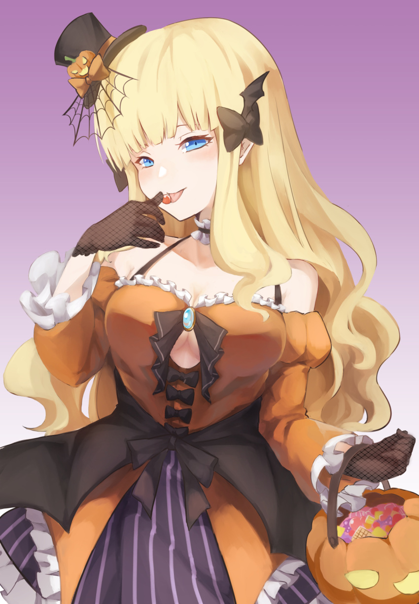 1girl bangs black_bow blonde_hair blue_eyes blush bow breasts elf eyebrows_visible_through_hair gloves hair_bow hair_ornament halloween highres large_breasts long_hair looking_at_viewer navi_(ivan) pointy_ears princess_connect! princess_connect!_re:dive saren_(princess_connect!) smile solo