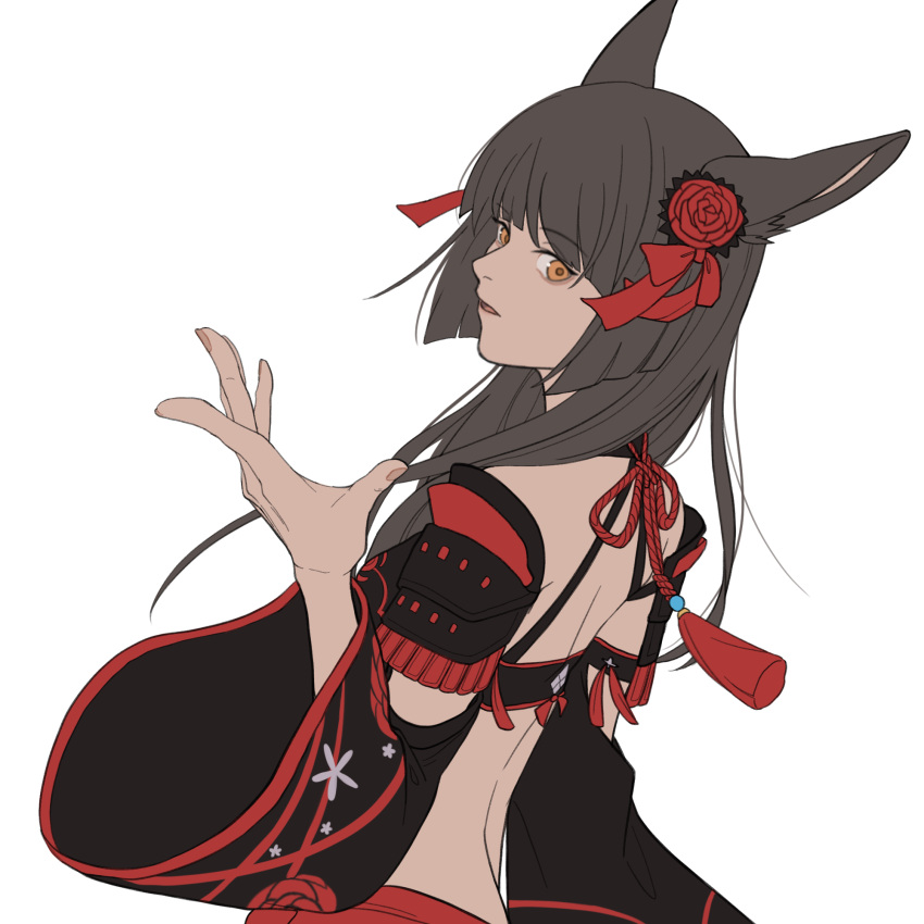 1girl animal_ears armor bangs black_hair cat_ears detached_sleeves eyebrows_visible_through_hair final_fantasy final_fantasy_xiv fingernails flat_color floral_print flower hair_flower hair_ornament hand_up highres japanese_armor kote kurokote long_hair long_sleeves miqo'te open_mouth orange_eyes red_flower red_ribbon ribbon simple_background solo white_background wide_sleeves yoshikyuu