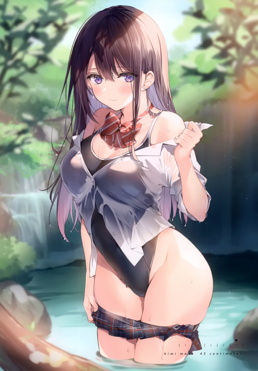 1girl absurdres bare_shoulders blurry blurry_background blush bow breasts brown_hair closed_mouth day earrings eyebrows_visible_through_hair highres jewelry long_hair looking_at_viewer medium_breasts necomi one-piece_swimsuit original partially_submerged scan see-through shirt simple_background skirt solo swimsuit thighs violet_eyes water water_drop wet wet_clothes white_shirt