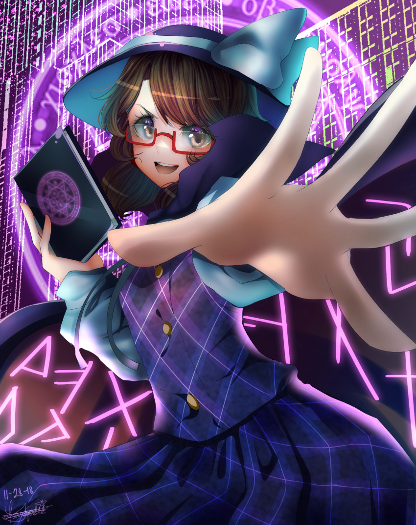 1girl arm_up bangs black_headwear brown_hair cloak dress glasses hat heikokuru1224 highres looking_at_viewer open_mouth short_hair smile solo touhou usami_sumireko