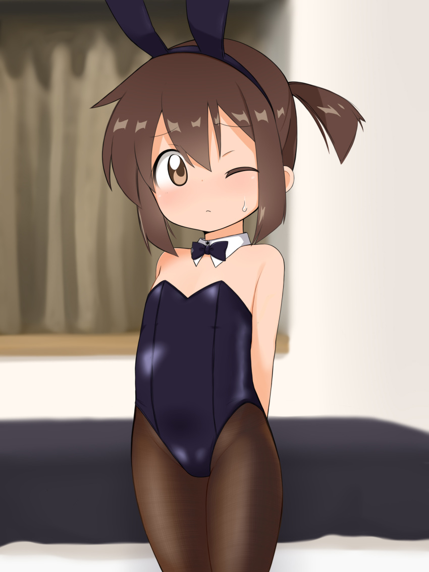 1girl absurdres animal_ears arms_behind_back bakusou_kyoudai_let's_&amp;_go!! bare_shoulders bed bedroom black_legwear black_leotard bow bowtie brown_eyes brown_hair commentary_request curtains detached_collar fake_animal_ears flat_chest groin highres indoors leotard one_eye_closed pantyhose playboy_bunny ponytail rabbit_ears sagami_jun short_hair solo strapless strapless_leotard thighs uno_(mon_chat_noir)