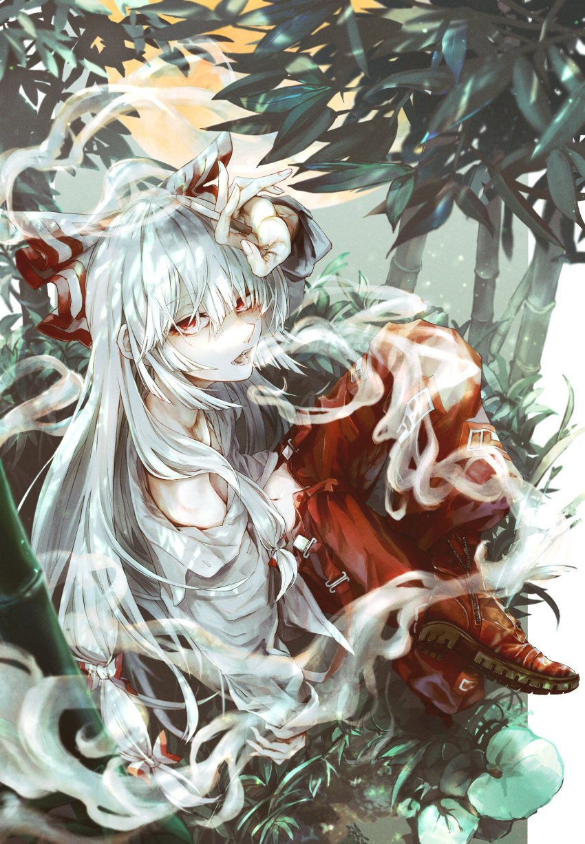 1girl absurdres bamboo fujiwara_no_mokou full_moon hair_ribbon highres hime_cut huge_filesize long_hair moon moonlight navel open_mouth pants red_eyes red_footwear red_pants ribbon safutsuguon shirt silver_hair smoking touhou very_long_hair white_hair white_shirt