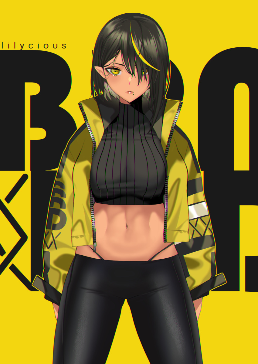 1girl absurdres artist_name background_text black_hair black_pants blonde_hair blush breasts clothes_writing cowboy_shot crop_top dark_elf dark_skin elf expressionless hair_over_one_eye highres jacket large_breasts lilycious long_sleeves looking_at_viewer mole mole_under_mouth multicolored_hair navel open_clothes open_jacket original pants pointy_ears short_hair solo stomach streaked_hair thong tight tight_pants toned two-tone_background two-tone_hair unzipped yellow_eyes yellow_jacket