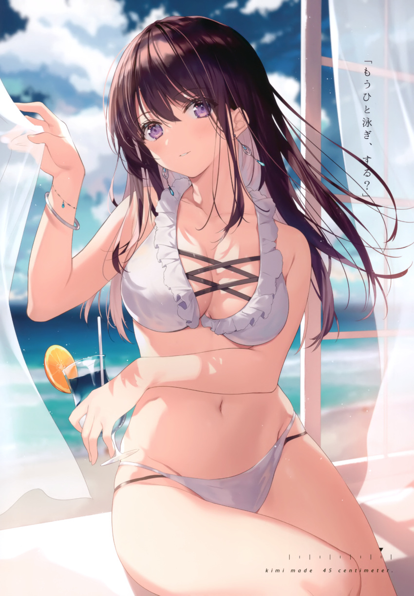 1girl absurdres bikini blue_sky blurry blurry_background brown_hair clouds cloudy_sky cup curtains day drinking_straw earrings highres jewelry long_hair navel necomi original sitting sky solo stomach swimsuit tropical_drink violet_eyes white_bikini window