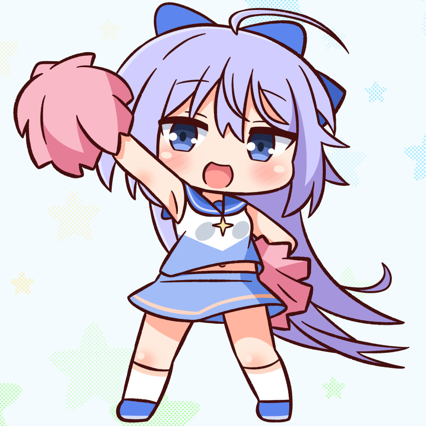 1girl :d absurdres ahoge bangs blue_background blue_bow blue_eyes blue_footwear blue_hair blue_skirt blush bow breasts cheerleader chibi commentary_request eyebrows_visible_through_hair full_body hair_between_eyes hair_bow hana_kazari highres holding kneehighs long_hair looking_at_viewer navel open_mouth outstretched_arm pom_poms princess_connect! princess_connect!_re:dive shirt shoes skirt sleeveless sleeveless_shirt small_breasts smile solo standing starry_background tomo_(princess_connect!) very_long_hair white_legwear white_shirt