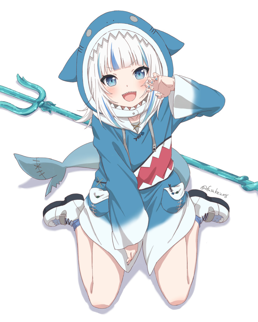1girl absurdres animal_hood bangs bare_legs blue_eyes blue_hair blue_hoodie blue_nails blunt_bangs claw_pose commentary eyebrows_visible_through_hair fangs fish_tail flat_chest full_body fuusuke_(fusuke208) gawr_gura highres hololive hololive_english hood hoodie looking_at_viewer medium_hair multicolored_hair nail_polish open_mouth polearm shark_hood shark_tail sharp_teeth shoes simple_background sitting smile sneakers solo streaked_hair tail teeth trident twitter_username two-tone_hair wariza weapon white_background white_footwear white_hair
