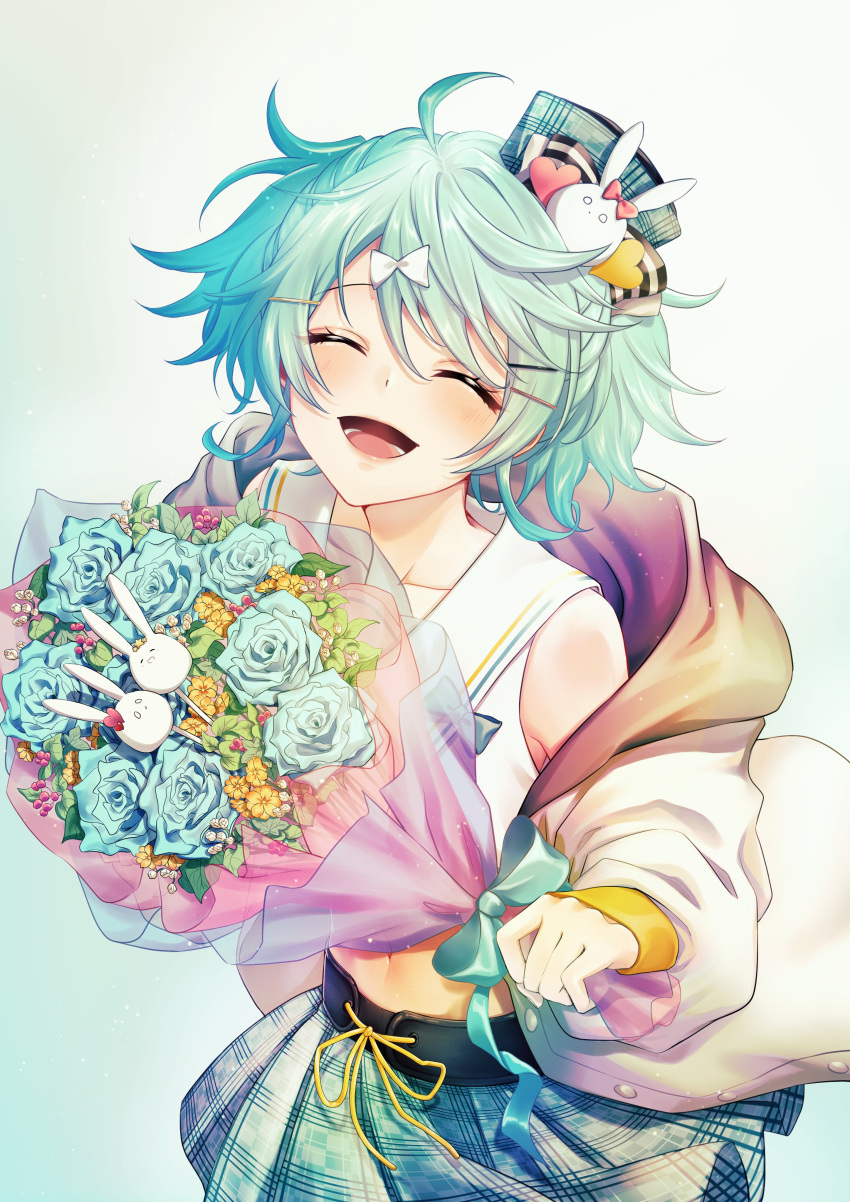 1boy ^_^ ^o^ absurdres ahoge belt blush bouquet bow closed_eyes commentary_request crop_top flower green_bow green_hair green_skirt hair_ornament hairclip hanaco_(hanaco_1230) hat hat_pin highres holding holding_bouquet holostars jacket kagami_kira looking_at_viewer male_focus messy_hair midriff navel open_mouth otoko_no_ko ribbon simple_background skirt smile solo virtual_youtuber yellow_ribbon