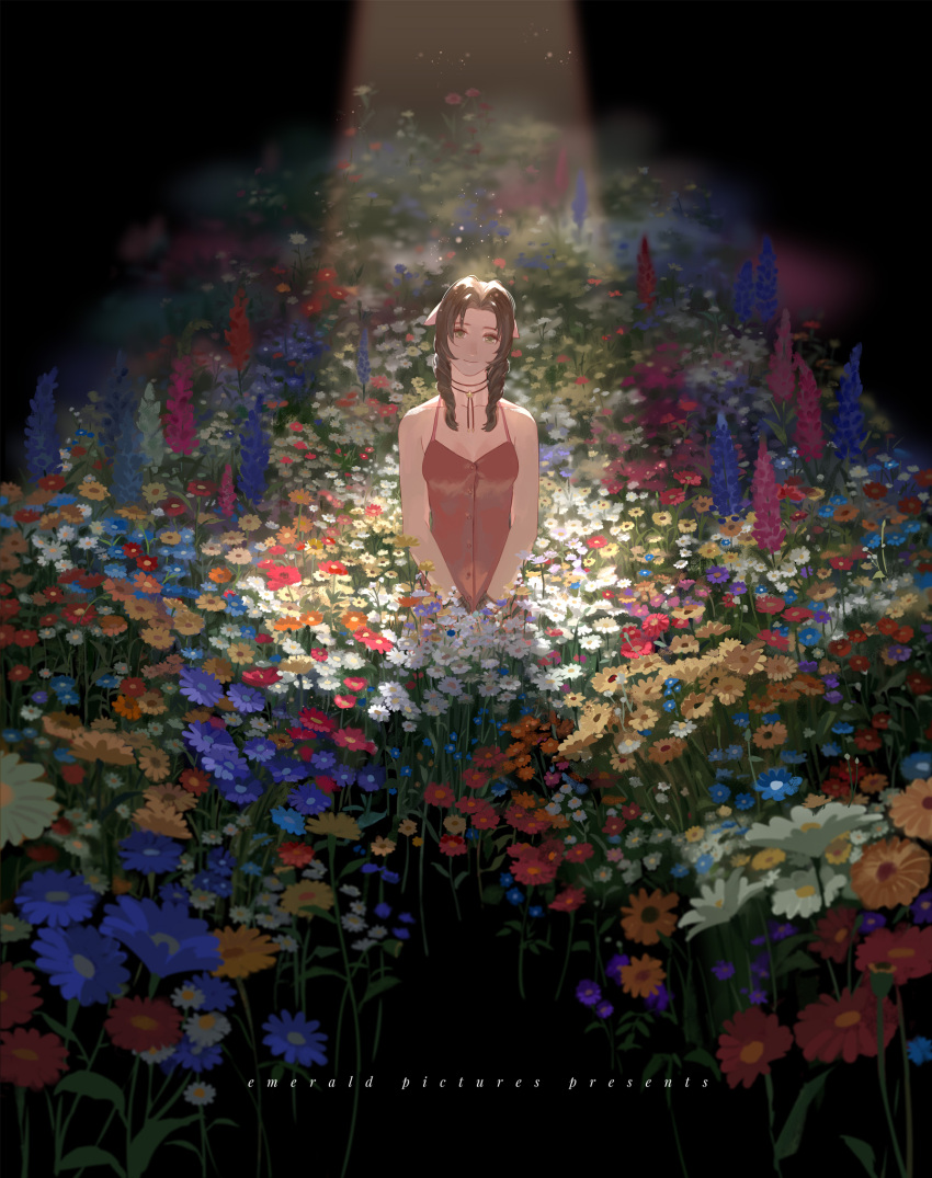 1girl aerith_gainsborough blue_flower bow brown_hair choker dress field final_fantasy final_fantasy_vii flower flower_field green_eyes hair_bow hair_ribbon head_tilt highres holy_pumpkin light_particles long_hair looking_at_viewer orange_flower pink_bow pink_dress purple_flower red_flower ribbon sleeveless sleeveless_dress smile solo white_flower