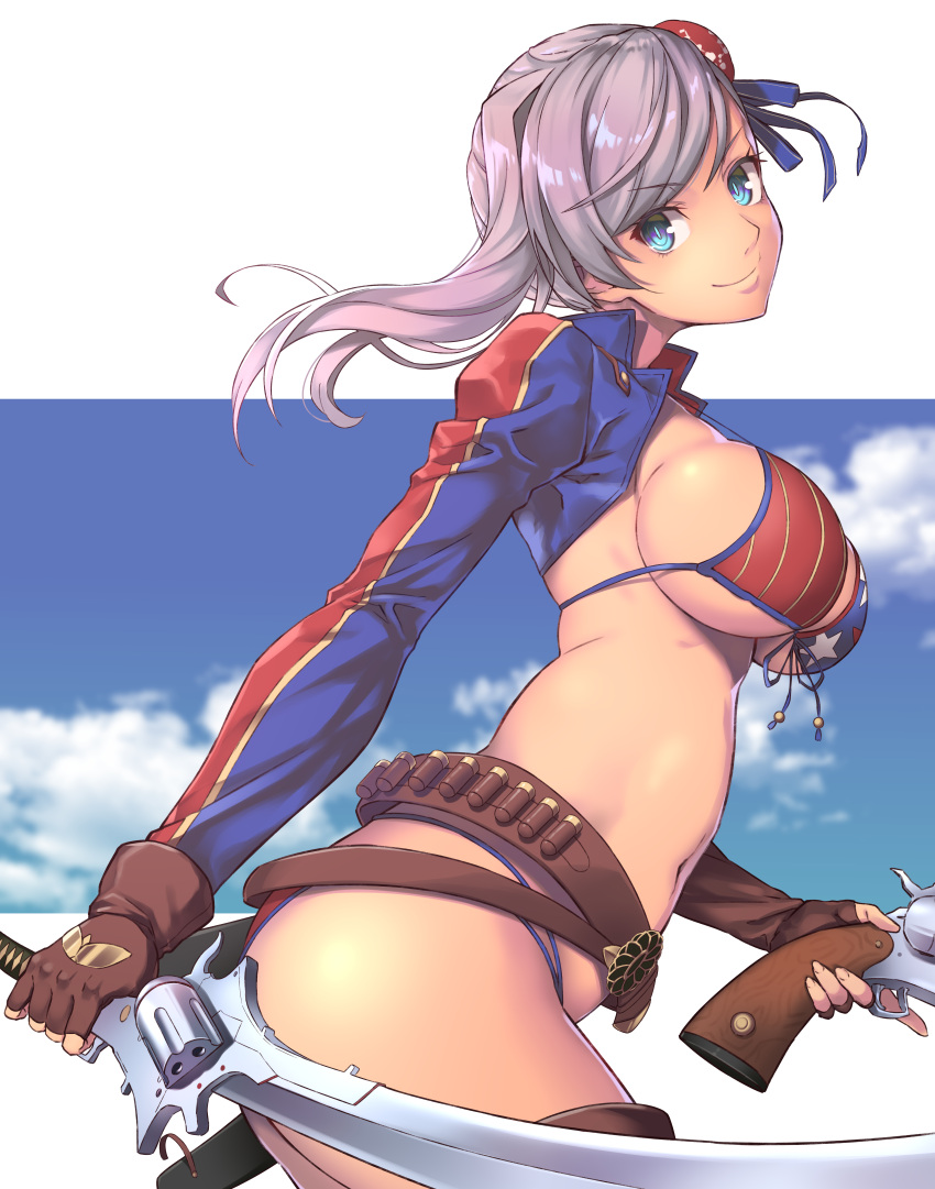 &gt;:) 1girl absurdres bangs belt bikini blue_eyes blue_ribbon blue_sky breasts brown_gloves bun_cover closed_mouth clouds cowboy_shot day dual_wielding eyebrows_visible_through_hair fate/grand_order fate_(series) fingerless_gloves from_side front-tie_bikini front-tie_top gloves gun hair_ribbon highres holding holding_gun holding_sword holding_weapon huge_filesize large_breasts long_hair long_sleeves looking_at_viewer looking_to_the_side miyamoto_musashi_(fate/grand_order) miyamoto_musashi_(swimsuit_berserker)_(fate) multicolored multicolored_bikini multicolored_clothes navel outdoors print_bikini purple_hair ribbon shrug_(clothing) sky smile solo star_(symbol) star_print swept_bangs swimsuit sword takahan under_boob weapon