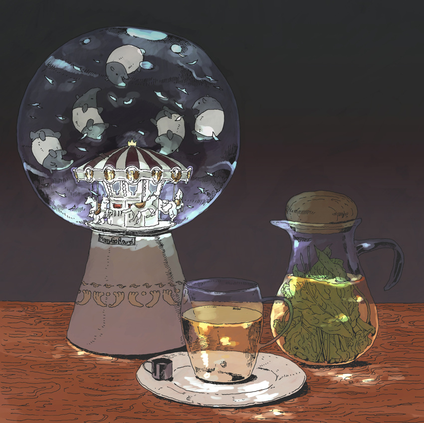 amase_kei animal_ears cafe carousel commentary_request cork cup drinking_glass glass highres horse horse_ears horse_tail in_container indoors original oversized_object pitcher saucer snow_globe submerged surreal tail tapir tapir_ears tapir_tail tea tea_leaves teacup wooden_table