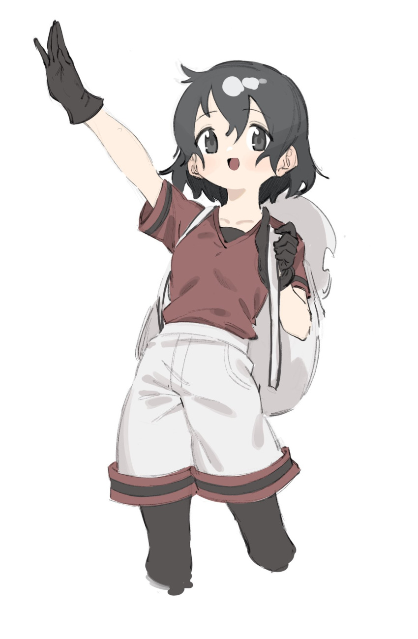 1girl backpack bag black_gloves black_hair black_legwear blue_eyes blush collarbone eyebrows_visible_through_hair gloves grey_shorts highres kaban_(kemono_friends) kemono_friends kona_ming no_hat no_headwear pantyhose red_shirt shirt short_hair short_sleeves shorts smile solo t-shirt waving white_background