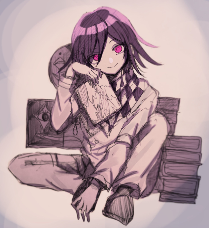 1boy bangs book_stack checkered checkered_scarf closed_mouth commentary_request dangan_ronpa highres holding jacket long_sleeves looking_at_viewer mdr_(mdrmdr1003) medium_hair new_dangan_ronpa_v3 ouma_kokichi pants pink_eyes purple_hair scarf shiny shiny_hair sitting sketch smile solo