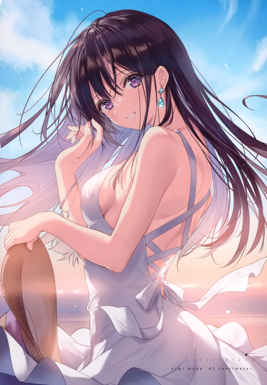 1girl absurdres bangs blue_sky bracelet breasts brown_hair clouds cloudy_sky dress earrings eyebrows_visible_through_hair hat highres holding jewelry long_hair looking_at_viewer medium_breasts necomi original parted_lips scan shiny shiny_hair simple_background sky sleeveless sleeveless_dress smile solo violet_eyes white_dress