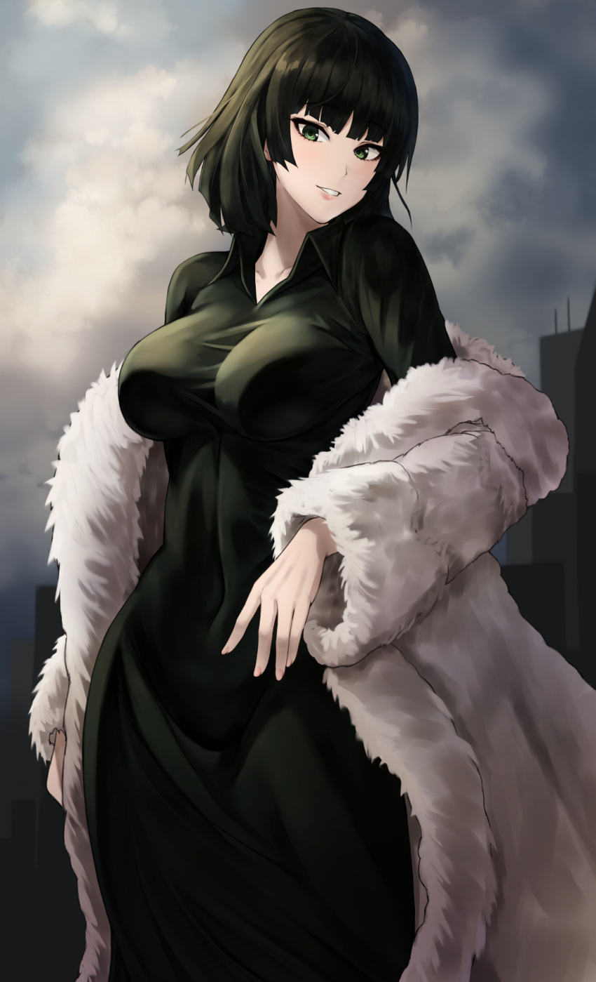 1girl angdo_(kakajo26) bangs black_dress black_hair blunt_bangs breasts brown_hair collarbone commentary_request cowboy_shot dress fubuki_(one-punch_man) fur_coat green_eyes highres impossible_clothes large_breasts long_dress long_sleeves looking_at_viewer off_shoulder one-punch_man open_clothes outdoors short_hair smile solo