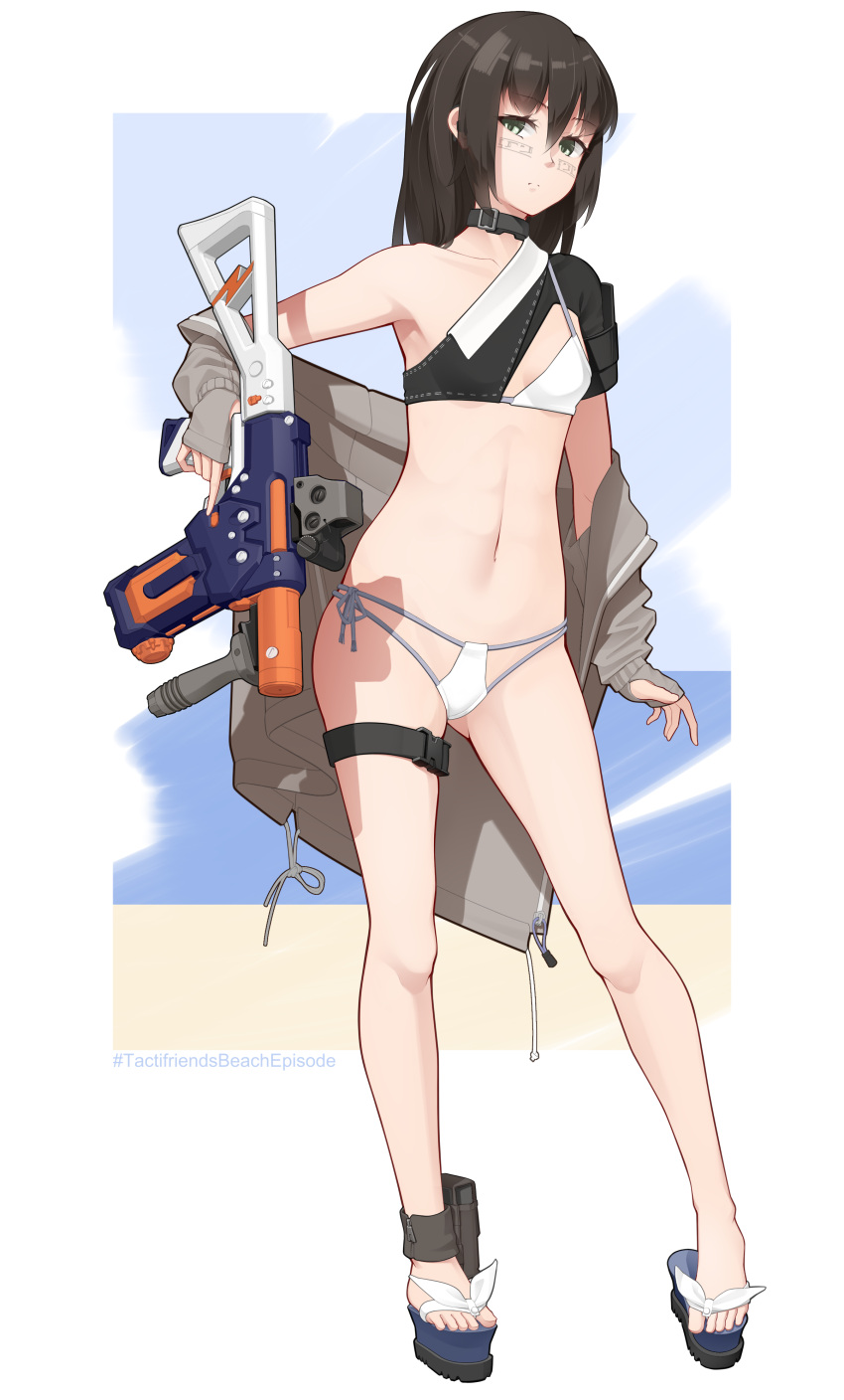 1girl absurdres ankle_strap bangs bikini black_choker black_eyes black_hair breasts choker closed_mouth commentary english_commentary eyebrows_visible_through_hair facial_tattoo full_body grey_jacket gun hashtag highres holding holding_gun holding_weapon jacket light_frown long_hair long_sleeves looking_at_viewer multi-strapped_bikini navel no_pants off_shoulder open_clothes open_jacket original outside_border single_strap sleeves_past_wrists small_breasts solo standing string_bikini swimsuit tattoo thigh_strap trigger_discipline vectorek weapon white_bikini