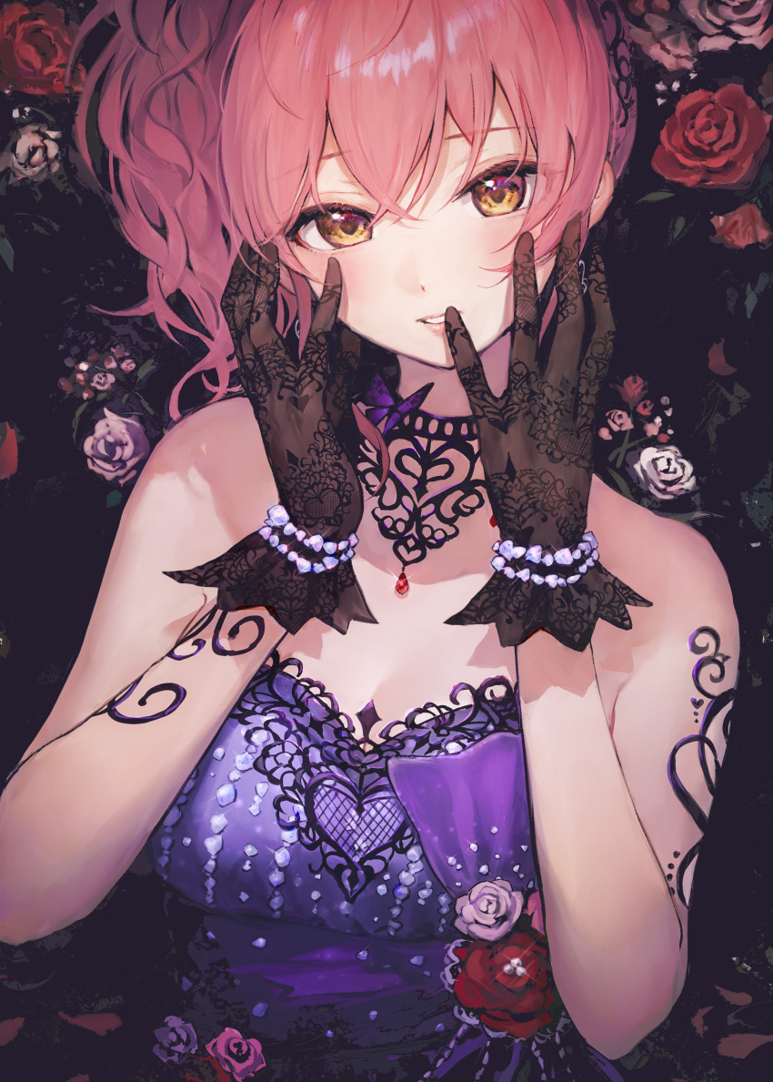 1girl absurdres bare_shoulders black_gloves blush choker dress earrings eyelashes gloves hands_on_own_face highres idolmaster idolmaster_cinderella_girls jewelry jougasaki_mika lace lace_gloves long_hair looking_at_viewer parted_lips pink_hair purple_dress side_ponytail smile solo strapless strapless_dress takeashiro yellow_eyes