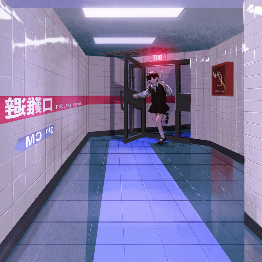 1girl black_footwear black_hair black_skirt congming33 door fire_extinguisher highres holding holding_knife holding_weapon indoors knife open_door opening_door original school_uniform short_hair skirt solo tile_floor tile_wall tiles uniform weapon white_legwear