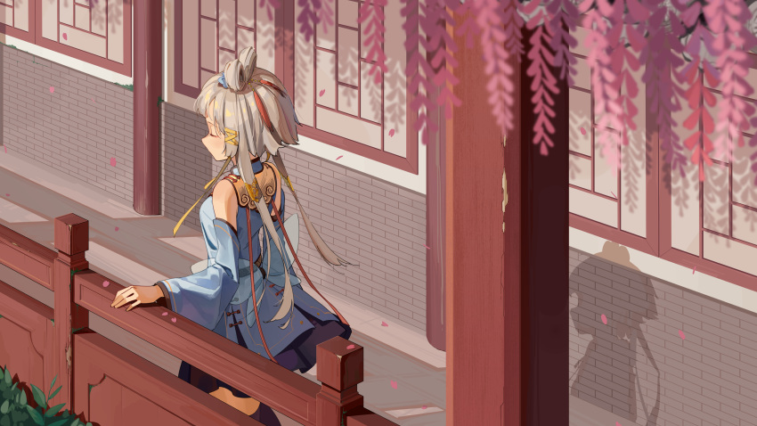 1girl absurdres black_legwear black_skirt blue_dress blurry_foreground brick_wall chinese_clothes chinese_commentary closed_eyes commentary_request day detached_sleeves dress facing_away flower from_above from_behind hair_flower hair_ornament hair_ribbon hair_rings hand_on_railing highres luo_tianyi outdoors ribbon shadow short_hair_with_long_locks silver_hair skirt solo upper_body vocaloid vsinger window wisteria zhili_xingzou