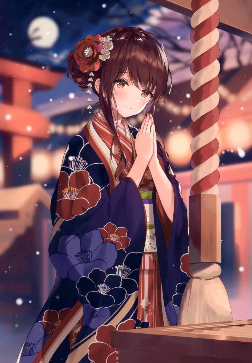 1girl absurdres blurry blurry_background blush brown_eyes brown_hair closed_mouth earrings eyebrows_visible_through_hair fingernails full_moon hair_ornament highres jacket japanese_clothes jewelry kimono looking_at_viewer looking_back moon necomi night night_sky obi original outdoors sash scan sidelocks sky smile solo tied_hair