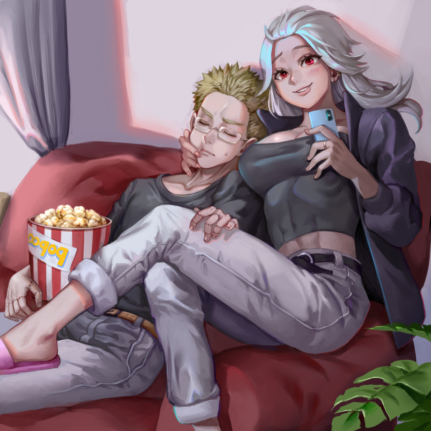 1boy 1girl abs absurdres belt black_shirt blonde_hair cellphone couch dorohedoro ear_piercing food glasses highres hy_(hungyu) indoors jacket jewelry long_hair noi_(dorohedoro) pants phone piercing plant popcorn red_eyes ring shin_(dorohedoro) shirt sitting sleeping slippers smile stitches white_hair white_pants