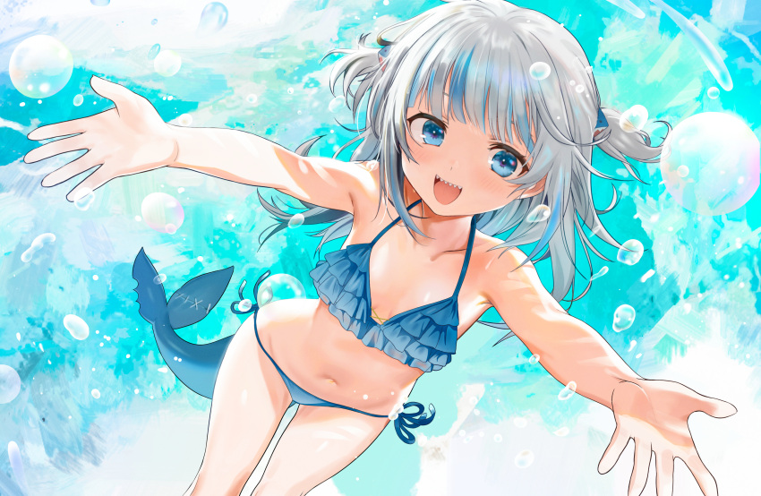 1girl :d absurdres bangs bare_arms bare_shoulders bikini blue_bikini blue_eyes blue_hair blunt_bangs blush breasts bubble collarbone commentary dutch_angle eyebrows_visible_through_hair fangs fish_tail frilled_bikini frills gawr_gura hair_ornament halterneck highres hololive hololive_english long_hair looking_at_viewer medium_hair multicolored_hair navel open_mouth outstretched_arms seicoh shark_girl shark_hair_ornament shark_tail sharp_teeth side-tie_bikini silver_hair small_breasts smile solo spread_arms streaked_hair swimsuit symbol_commentary tail teeth two_side_up virtual_youtuber water_drop
