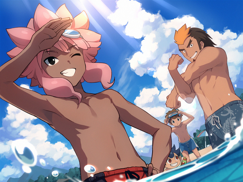 4boys arm_up armpits bangs bare_pecs black_eyes blue_hair blue_sky brown_hair character_request check_character clouds commentary dark_skin dark_skinned_male day dutch_angle eyebrows_visible_through_hair facial_hair goatee goggles goggles_on_head grin highres hijikata_raiden inazuma_eleven inazuma_eleven_(series) kogure_yuuya lens_flare light_rays looking_at_viewer male_focus male_swimwear marine_day multicolored_hair multiple_boys muscle navel no_nipples one_eye_closed orange_hair outdoors partially_submerged red_eyes sayshownen short_hair sideburns sky smile spiky_hair sunbeam sunlight swim_trunks swimwear tachimukai_yuuki teeth toned toned_male tsunami_jousuke twitter_username two-tone_hair very_dark_skin wading water water_drop watermark
