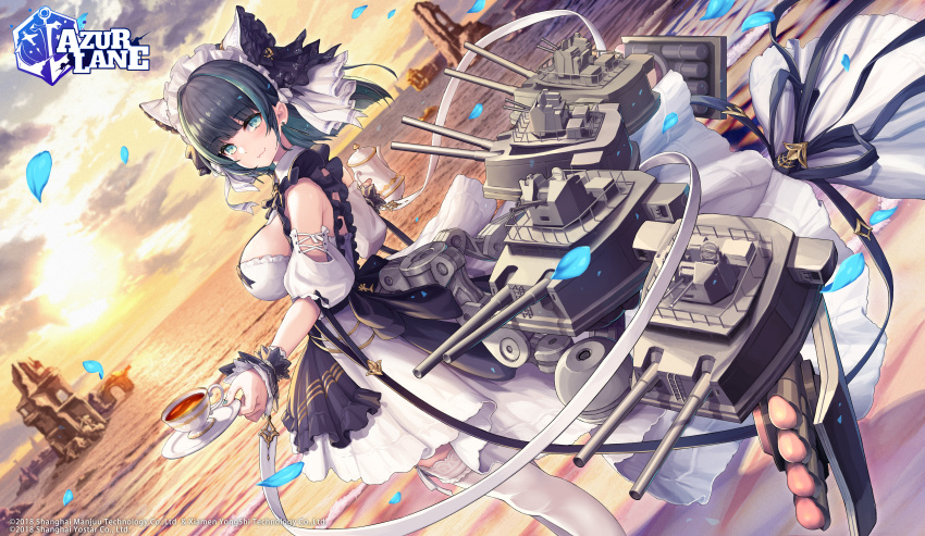 1girl :3 absurdres animal_ears aqua_eyes azur_lane bare_shoulders black_hair breasts cat_ears cheshire_(azur_lane) cup detached_sleeves dress dutch_angle fake_animal_ears frills headdress highres holding large_breasts looking_at_viewer machinery maid_headdress medium_hair multicolored_hair nidy ocean official_art outdoors saucer sidelocks smile solo standing streaked_hair sun sunlight teacup thigh-highs torpedo_launcher turret water watermark white_dress white_legwear zettai_ryouiki