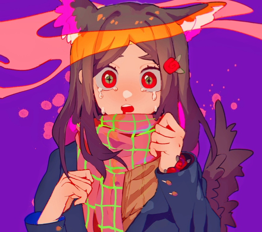+_+ 1girl animal_ears brown_hair clockfreeze dog_ears dog_tail flower green_eyes hair_ornament hands_up highres long_hair long_sleeves multicolored multicolored_eyes open_mouth original purple_background red_eyes red_flower scarf solo tail tears upper_body