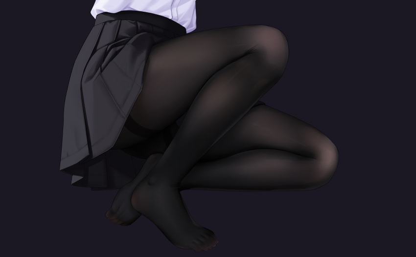 1girl absurdres allenes black_legwear black_skirt feet highres legs lower_body no_shoes original out_of_frame pantyhose pleated_skirt purple_background shirt skirt solo thighband_pantyhose thighs white_shirt